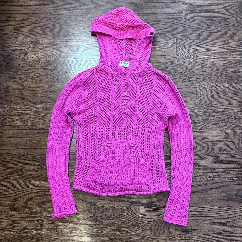 y2k vintage hot pink knit button up henley hooded sweater xs - Picture 2 of 8
